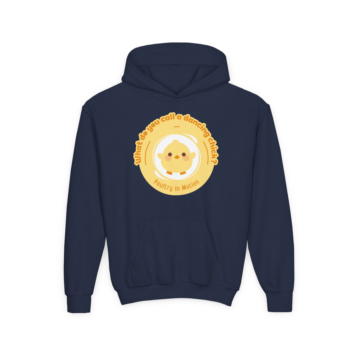 "What do you call a dancing chick? Poultry in Motion." Youth Hooded Sweatshirt – Funny Dancing Chick Pun Graphic Hoodie for Kids and Teens