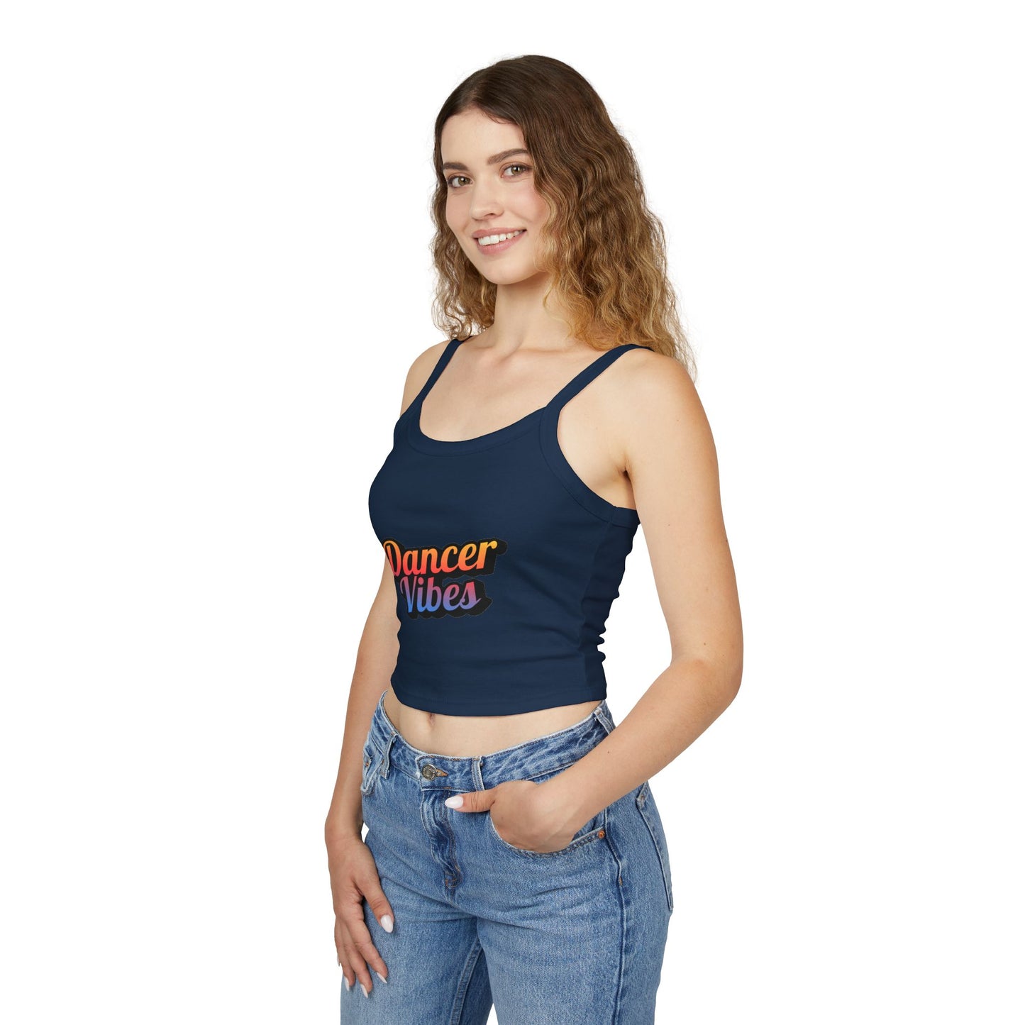 "Dancer Vibes" Women’s Spaghetti Strap Tank Top – Colorful Text Graphic | Fun Dance Lifestyle Shirt for Studio, Festivals & Everyday Style