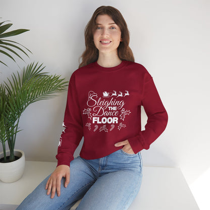 “Sleighing the Dance Floor” ADULT SWEATSHIRT Unisex Heavy Blend Crewneck – Festive Christmas Dance Sweatshirt with Santa’s Sleigh & Reindeer Arm Design, Perfect for Dancers & Studios