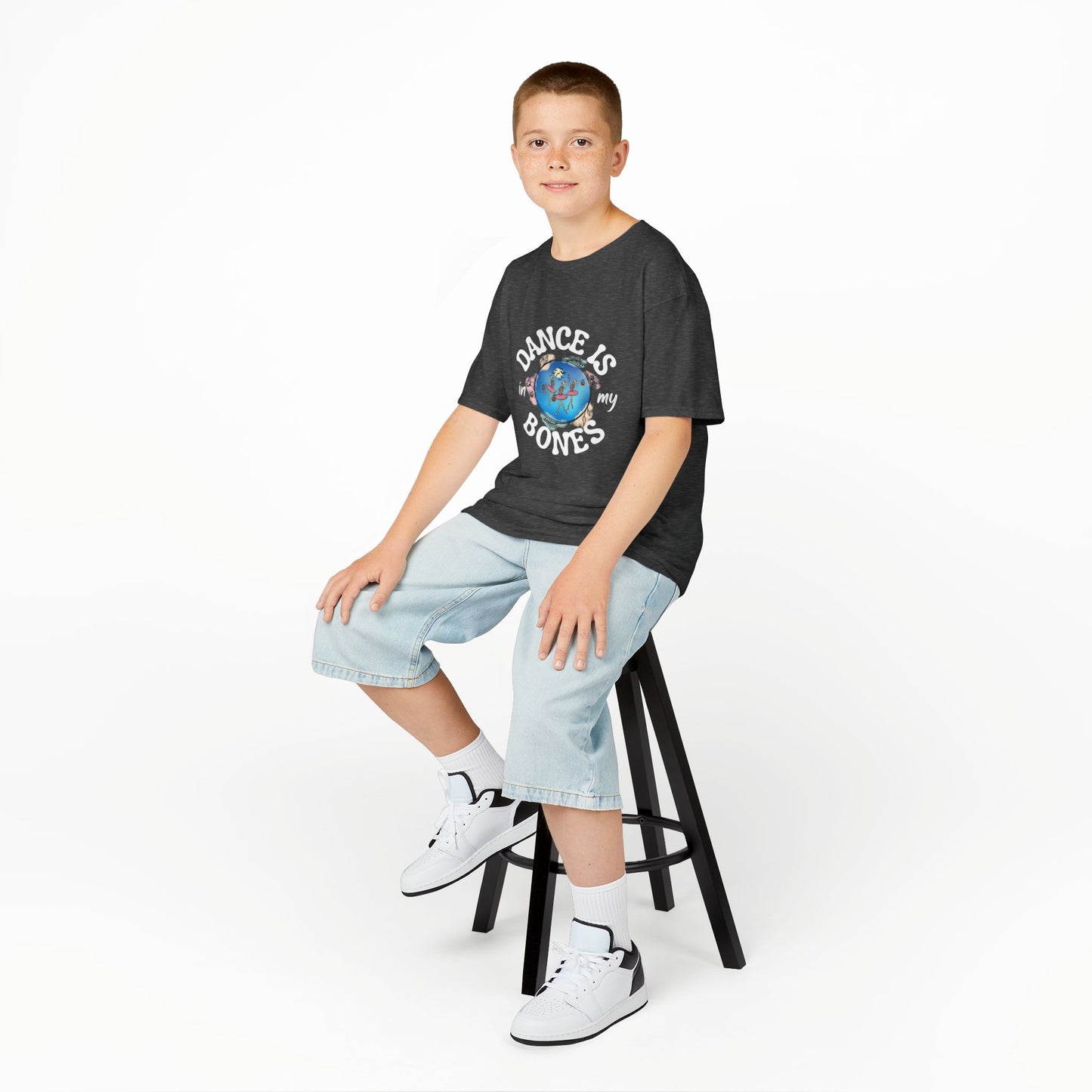 "Dance Is in My Bones” Halloween Dance T-Shirt with Dancing Skeletons Graphic - Kids Heavy Cotton™ Tee