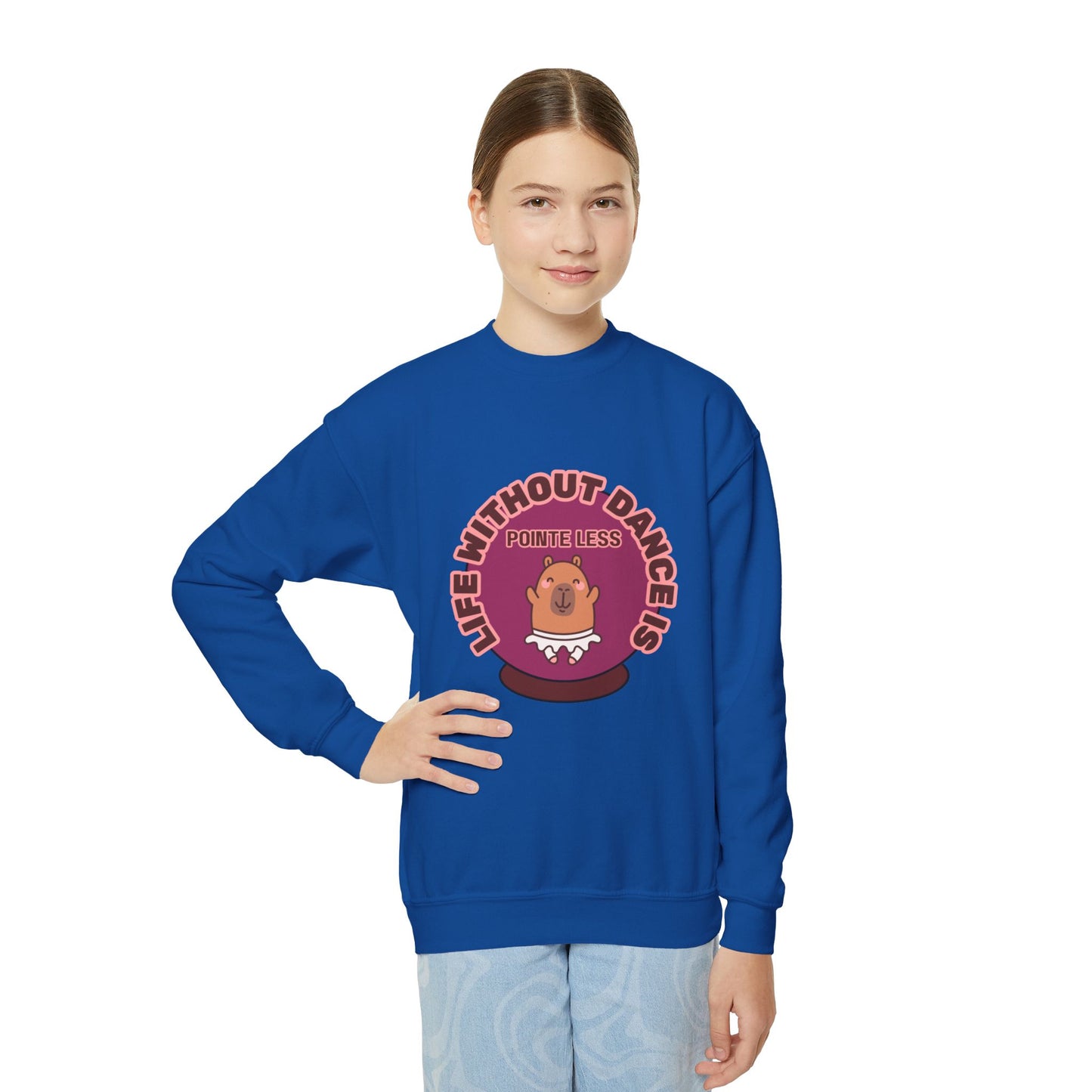 "Life Without Dance Is Pointeless" – Cute Dancing Capybara Youth Crewneck Sweatshirt | Funny Animal Dance Kids Pullover