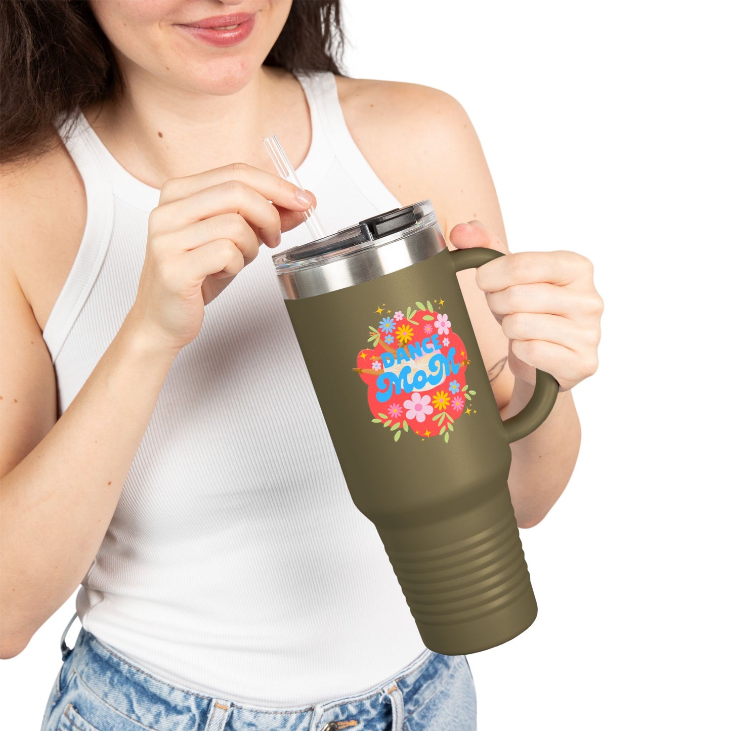 "Dance Mom" 40oz Insulated Travel Mug – Floral Graphic with Costume Designer, Makeup Artist, Chauffeur Text – Funny Dance Mom Gift Tumbler