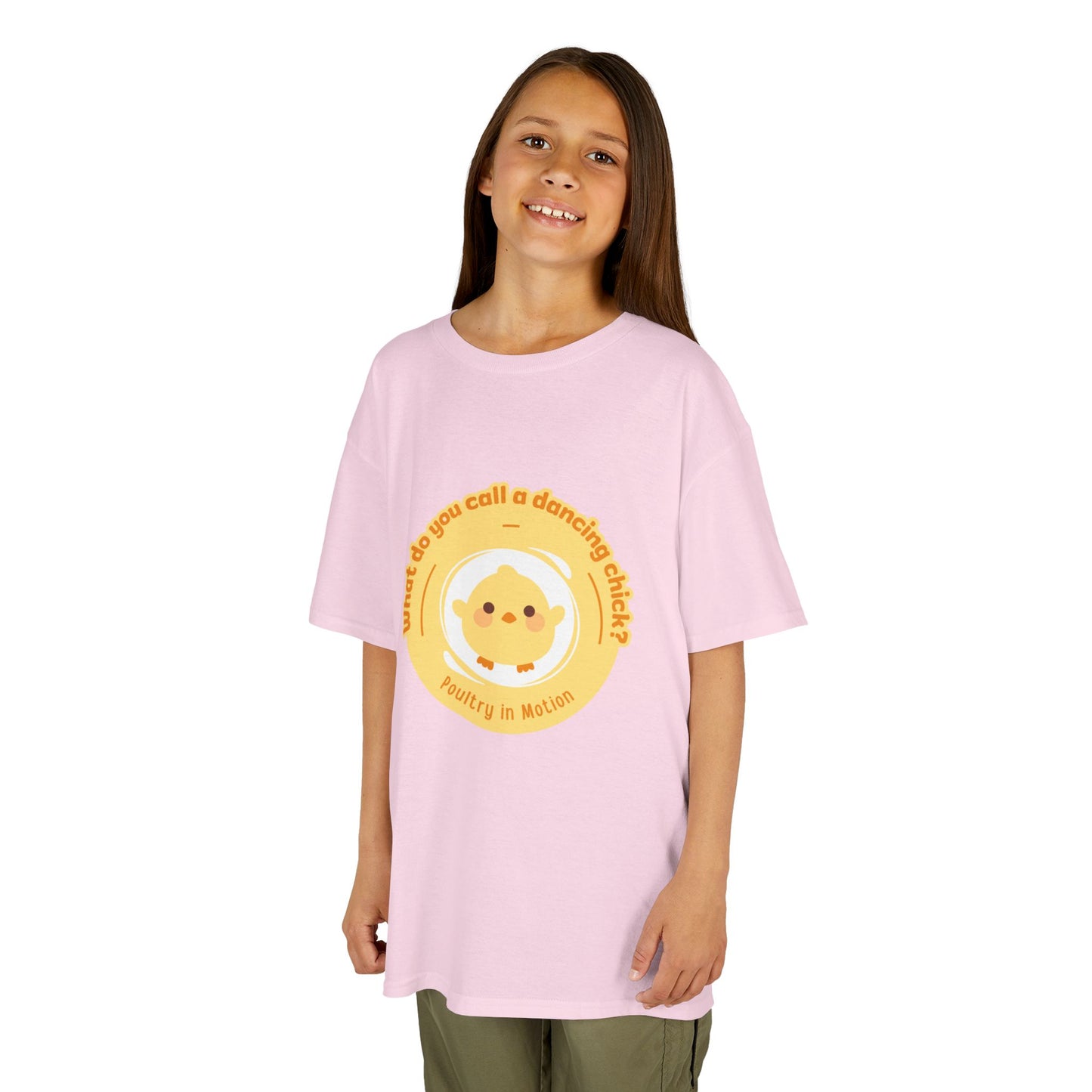 “What do you call a dancing chick? Poultry in Motion” Funny Chick Dance Tee for Kids – Cute Chicken Graphic - Youth Dance Pun T-Shirt