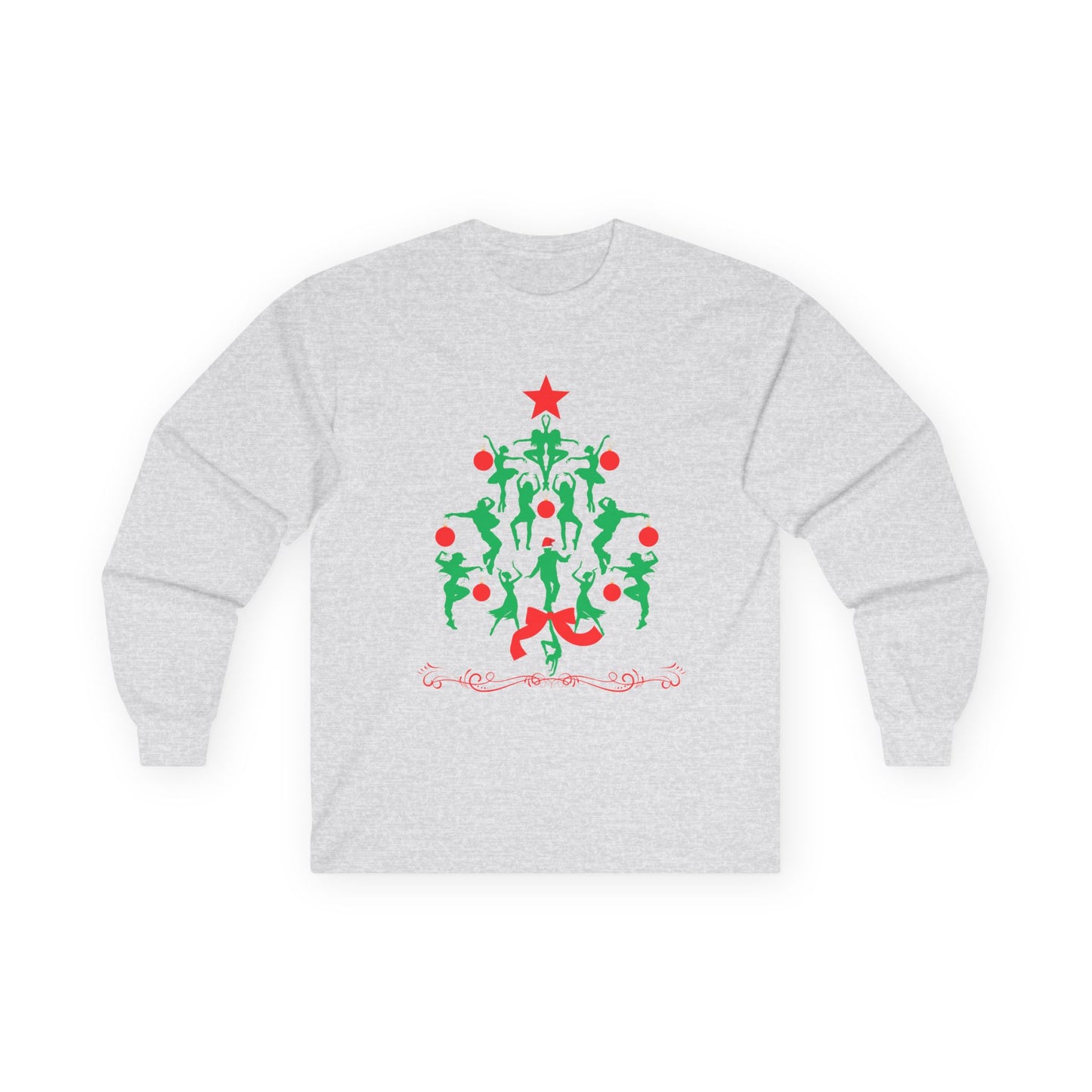 "Christmas Tree Dancer Silhouette" ADULT TEE Unisex Long Sleeve – Festive Ballet & Dance Holiday Tee for Dancers, Teachers, and Studios