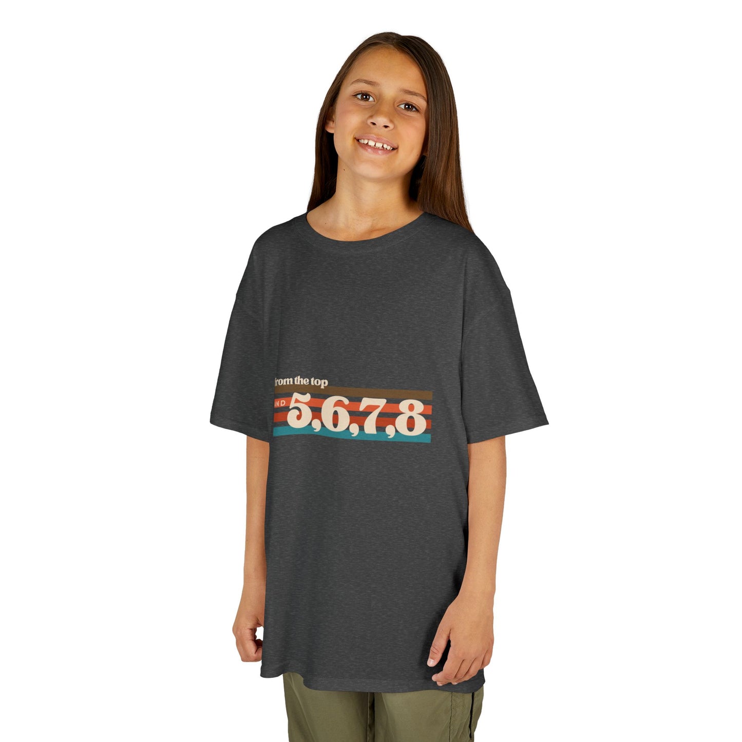 “From the Top and 5, 6, 7, 8” Youth Short Sleeve Tee – Retro Graphic Dance Shirt for Kids and Young Performers