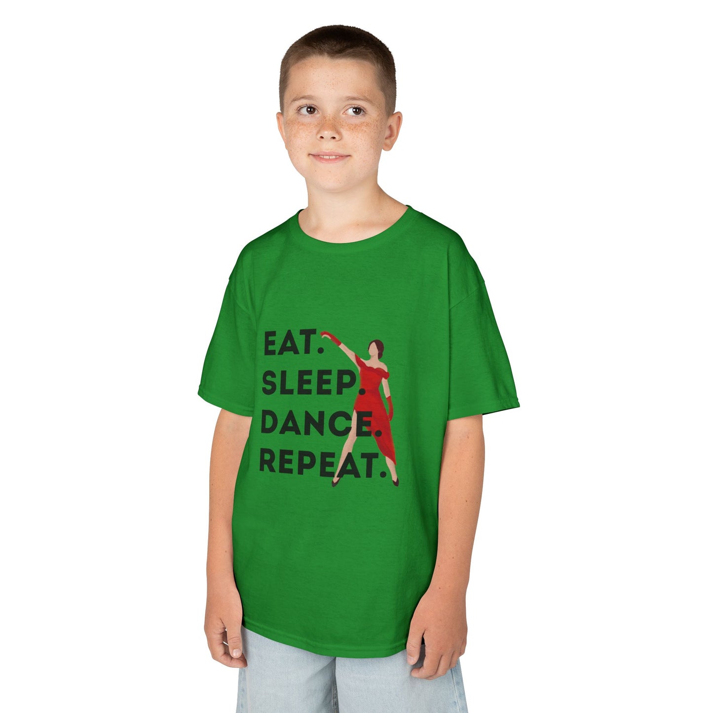 "Eat Sleep Dance Repeat” Youth Short Sleeve Tee – Bold Dancer Graphic Dance Shirt for Kids and Young Performers