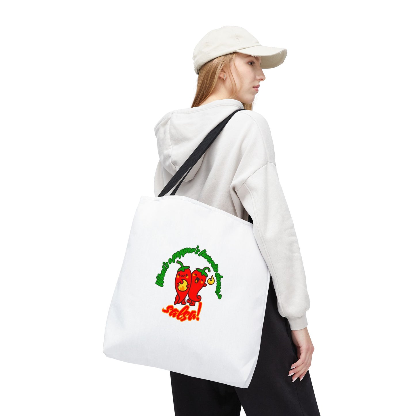 “What’s a Pepper’s Favorite Dance? Salsa!” Salsa Dance Pun Tote Bag – Funny Kawaii Pepper Graphic Canvas Bag for Dancers & Food Lovers