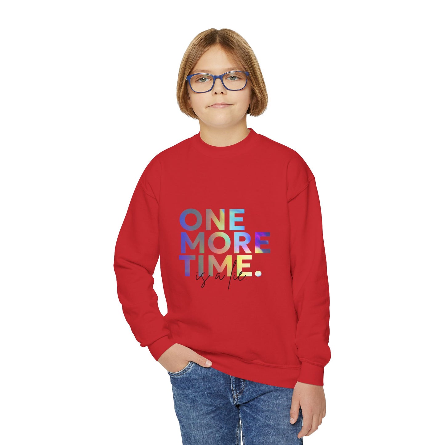 "One More Time Is a Lie" – Funny Dance Youth Crewneck Sweatshirt | Retro Kids Dancer Pullover