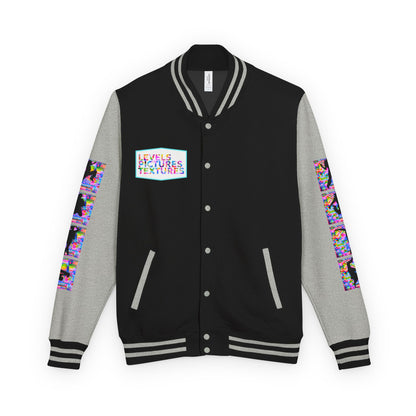 Levels Premium Collection Dance Letterman Jacket – Colorful Unisex Streetwear Varsity Jacket with "Levels Pictures Textures" Front and Dancer Silhouette Back Graphic
