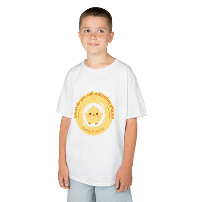 “What do you call a dancing chick? Poultry in Motion” Funny Chick Dance Tee for Kids – Cute Chicken Graphic - Youth Dance Pun T-Shirt