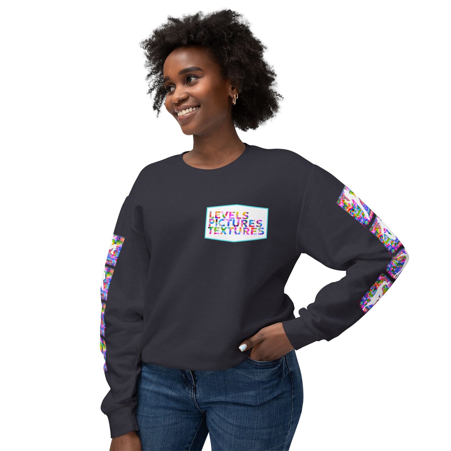 Levels Premium Collection Dance Crewneck Sweatshirt – Vibrant Unisex Streetwear Pullover with "Levels Pictures Textures" Front Text and Dancer Silhouettes on Sleeves