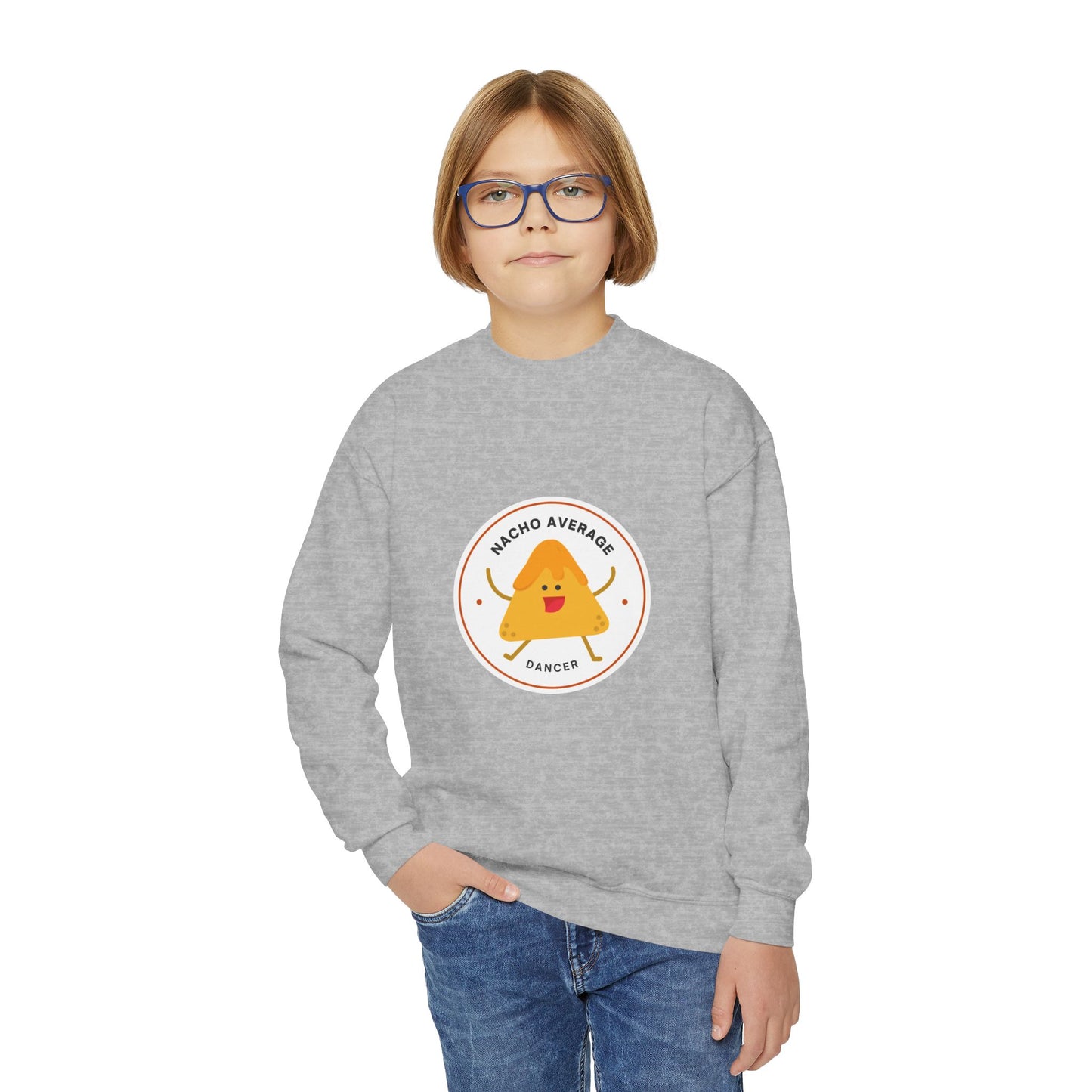 "Nacho Average Dancer" – Funny Youth Crewneck Dance Sweatshirt | Cute Nacho Graphic Kids Pullover