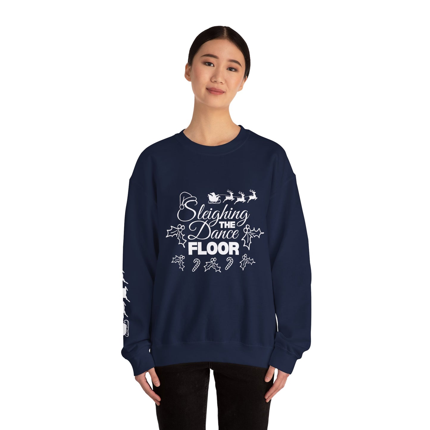 “Sleighing the Dance Floor” ADULT SWEATSHIRT Unisex Heavy Blend Crewneck – Festive Christmas Dance Sweatshirt with Santa’s Sleigh & Reindeer Arm Design, Perfect for Dancers & Studios