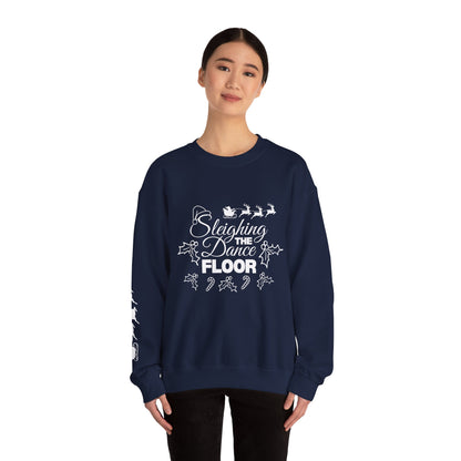 “Sleighing the Dance Floor” ADULT SWEATSHIRT Unisex Heavy Blend Crewneck – Festive Christmas Dance Sweatshirt with Santa’s Sleigh & Reindeer Arm Design, Perfect for Dancers & Studios