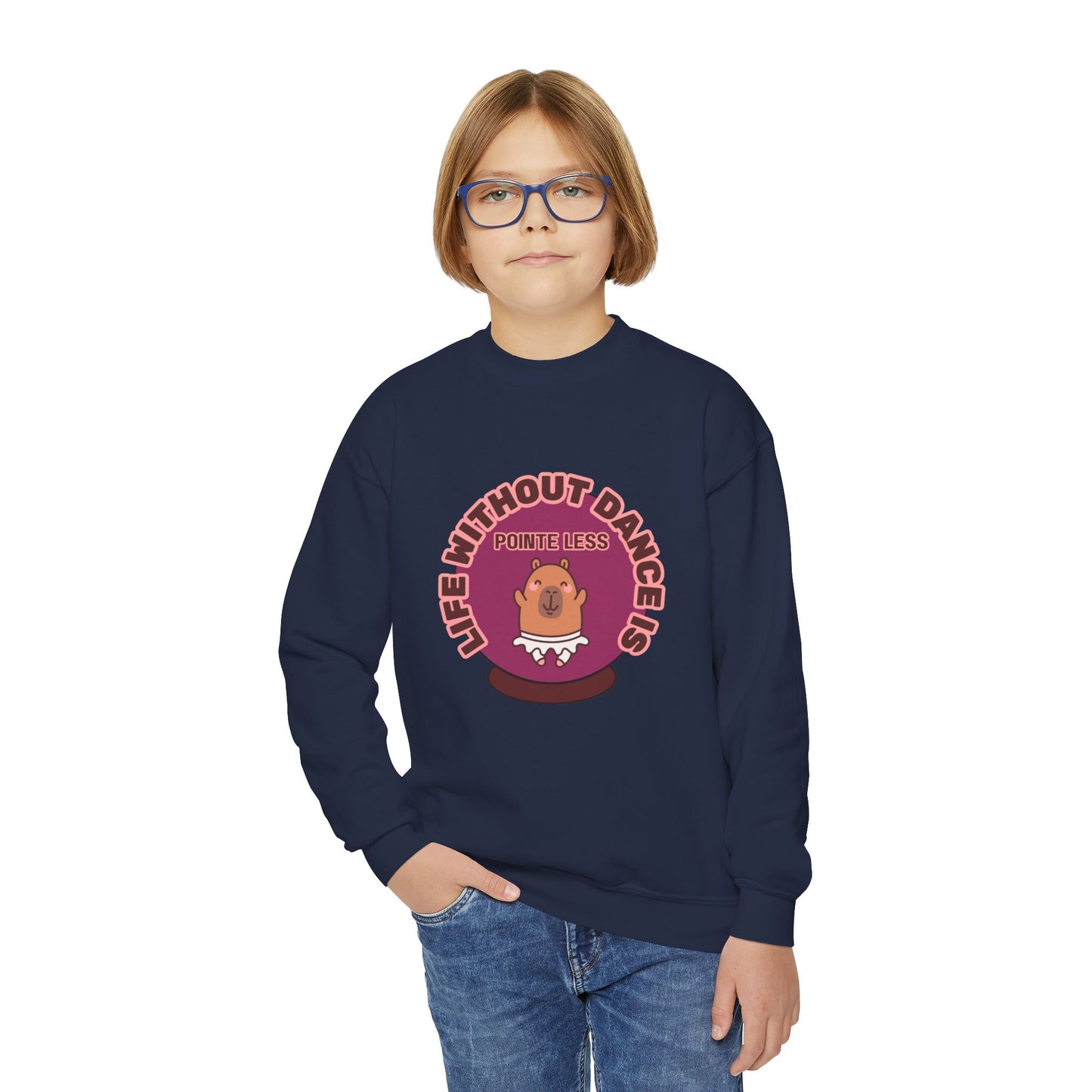 "Life Without Dance Is Pointeless" – Cute Dancing Capybara Youth Crewneck Sweatshirt | Funny Animal Dance Kids Pullover