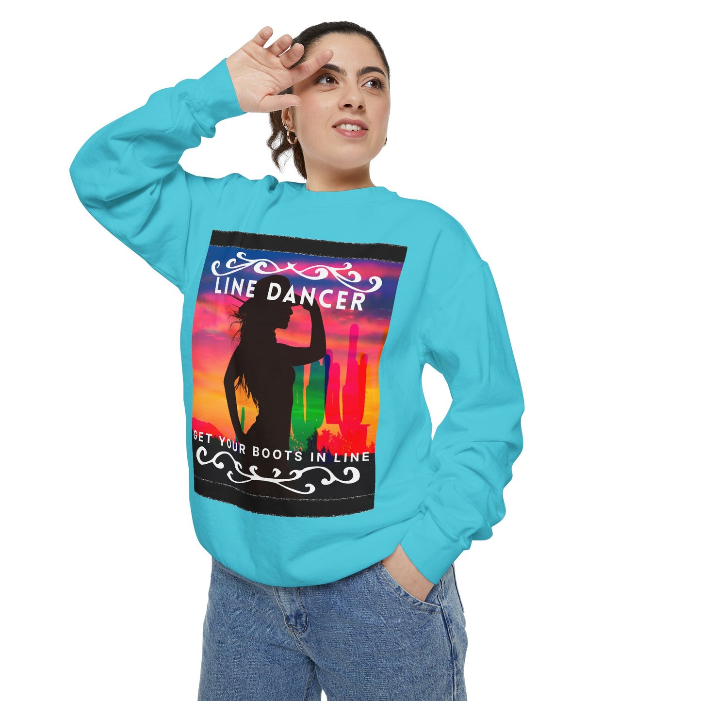 "Line Dancer, Get Your Boots in Line" Unisex Lightweight Crewneck Sweatshirt – Western Dance Graphic Pullover for Country Music & Boot Scootin’ Fans