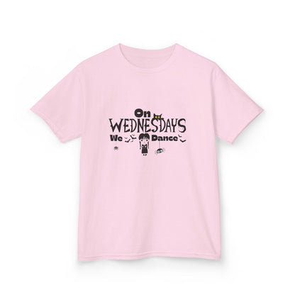 “On Wednesdays We Dance” Gothic Halloween T-Shirt with Cute Girl, Black Cat, Spiders & Bats - Kids Heavy Cotton™ Tee