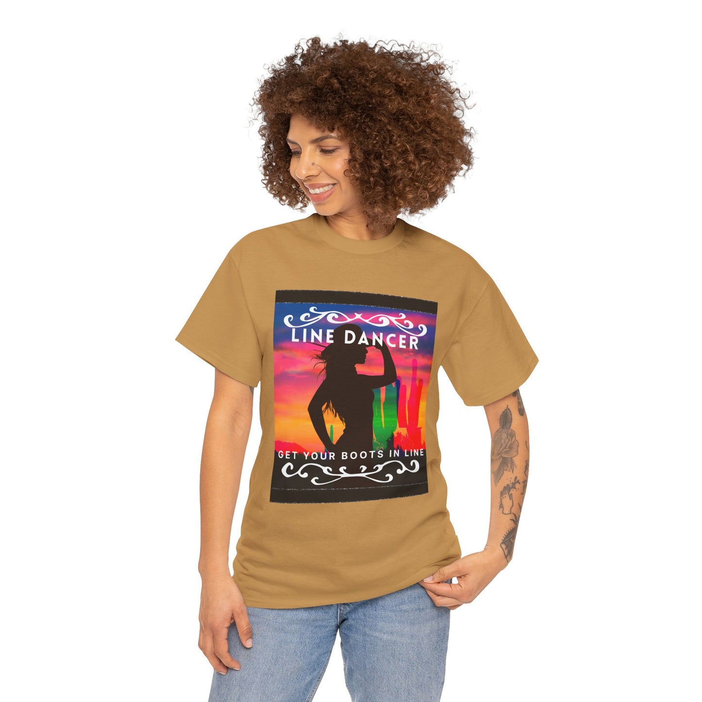 "Line Dancer" Unisex Heavy Cotton T-Shirt – Western Country Dance Graphic Tee – 'Get Your Boots in Line' Cowboy-Inspired Shirt