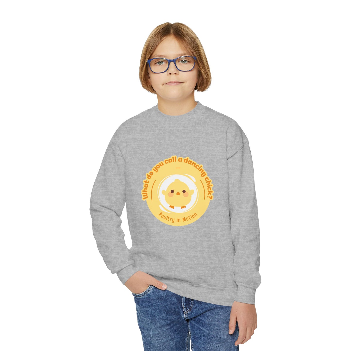 "What do you call a dancing chick? Poultry in Motion." – Funny Dance Pun Youth Crewneck Sweatshirt | Cute Dancing Chicken Kids Pullover