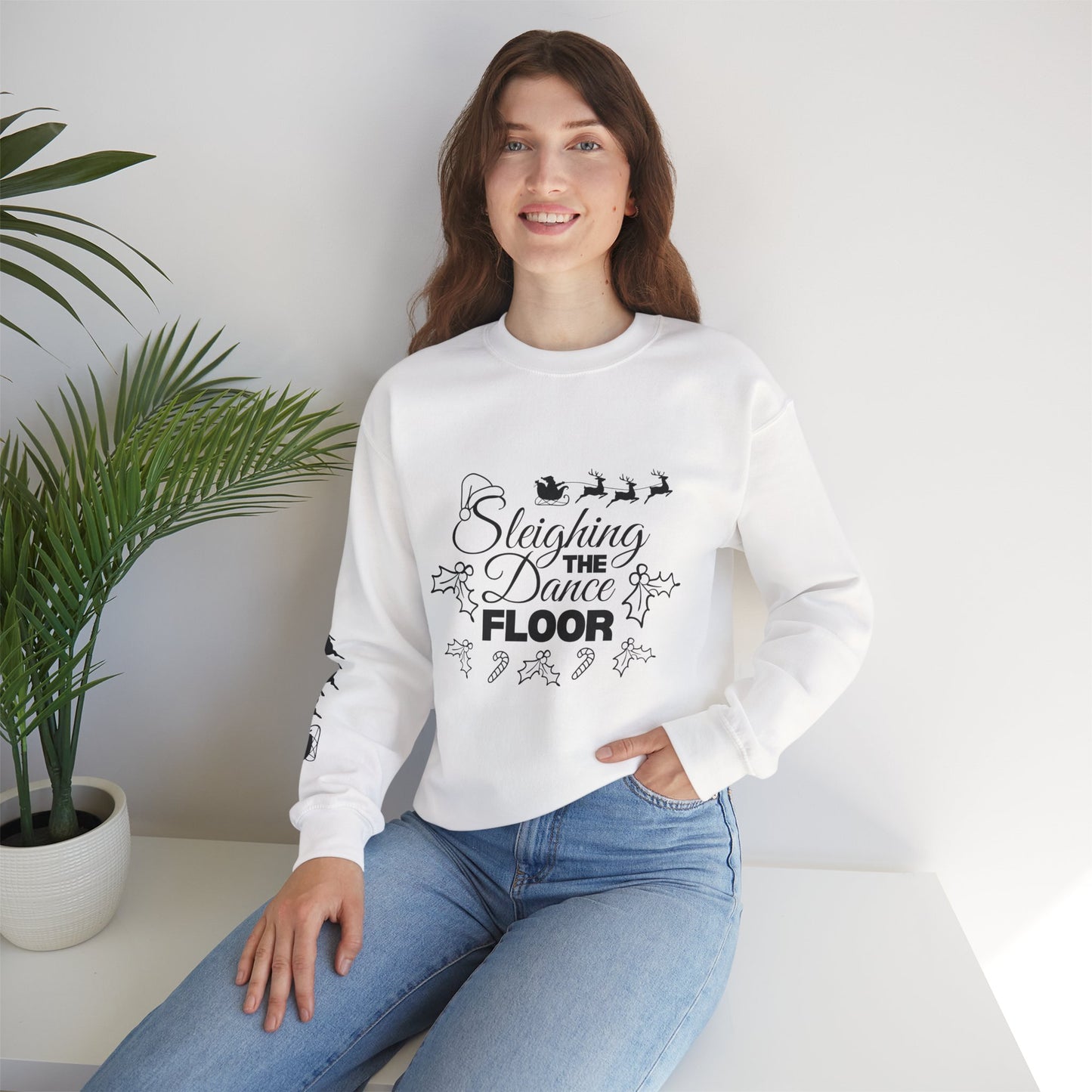 “Sleighing the Dance Floor” ADULT SWEATSHIRT Unisex Heavy Blend Crewneck – Festive Christmas Dance Sweatshirt with Santa’s Sleigh & Reindeer Arm Design, Perfect for Dancers & Studios