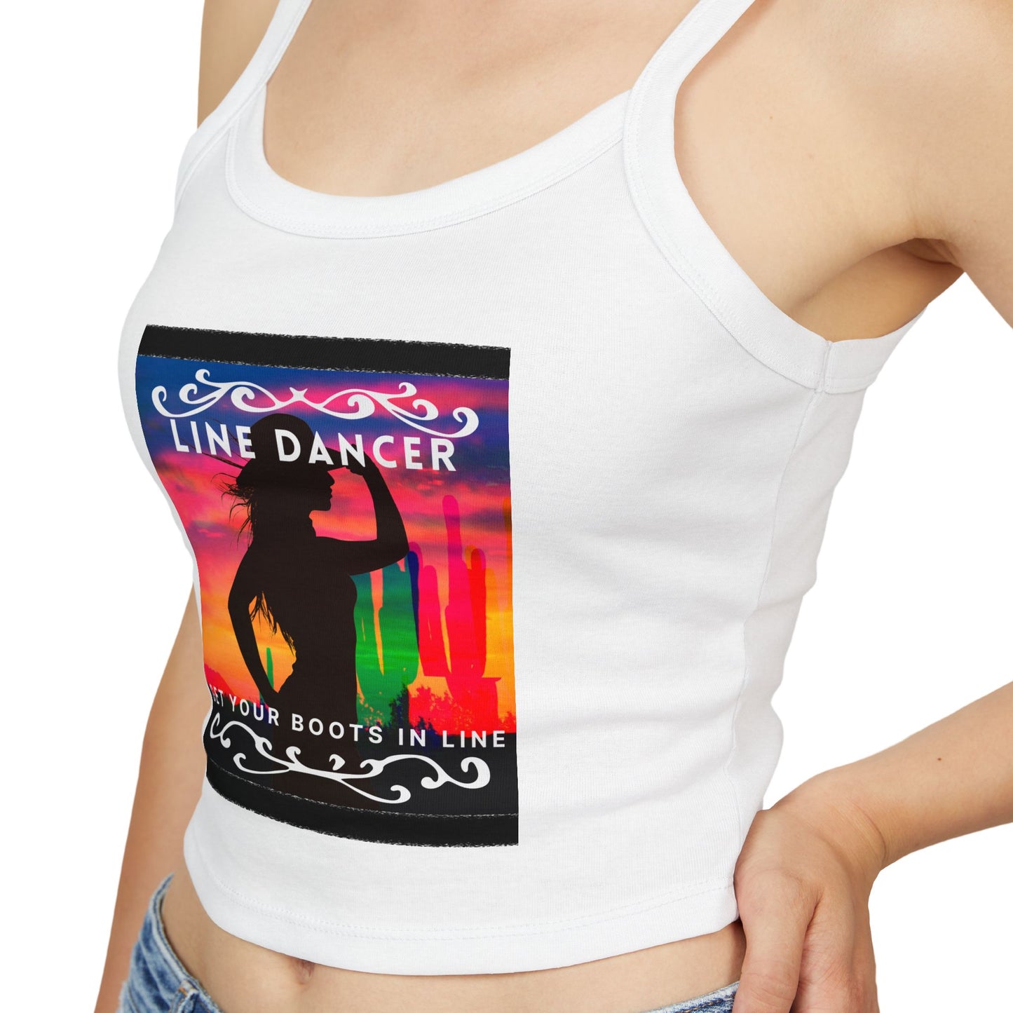 "Line Dancer" Spaghetti Strap Tank Top – Western-Inspired Country Dance Graphic – 'Get Your Boots in Line' Women's Dance Tank