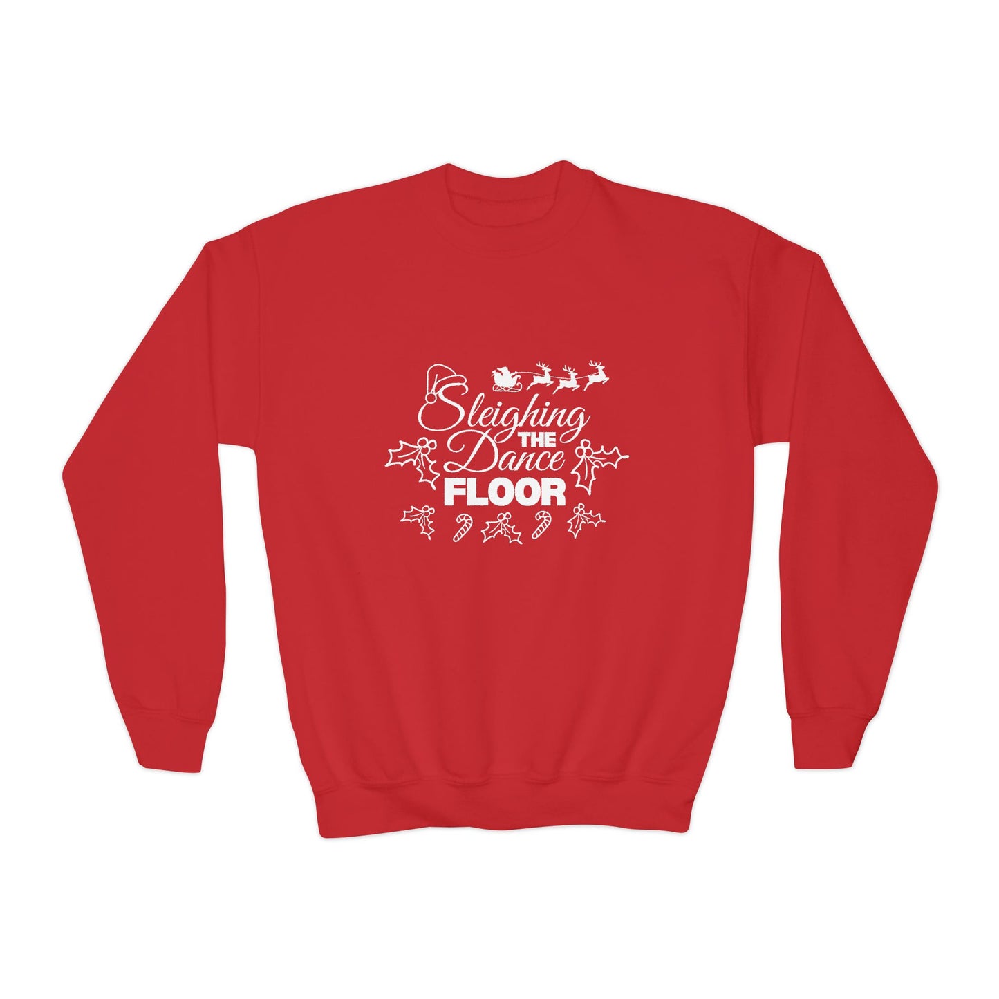 “Sleighing the Dance Floor” YOUTH SWEATSHIRT  Crewneck with Santa’s Sleigh and Reindeer – Festive Christmas Dance Sweatshirt for Kids and Young Dancers