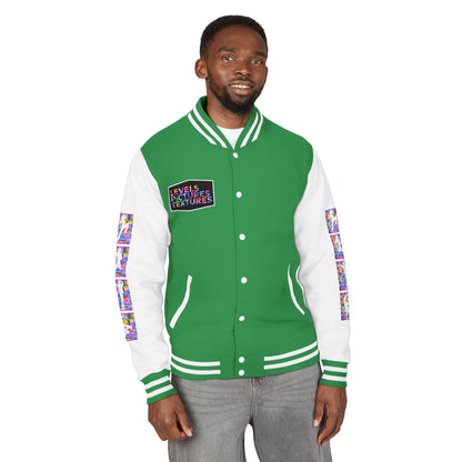 Levels Premium Collection Dance Letterman Jacket – Colorful Unisex Streetwear Varsity Jacket with "Levels Pictures Textures" Front and Dancer Silhouette Back Graphic