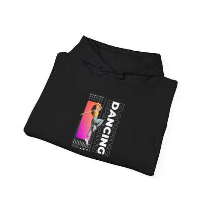 Dancing” Text with Streetwear-Style Female Dancer Graphic - Unisex Heavy Blend™ Hooded Sweatshirt – Cozy Dance Hoodie for Ballet & Hip-Hop Enthusiasts