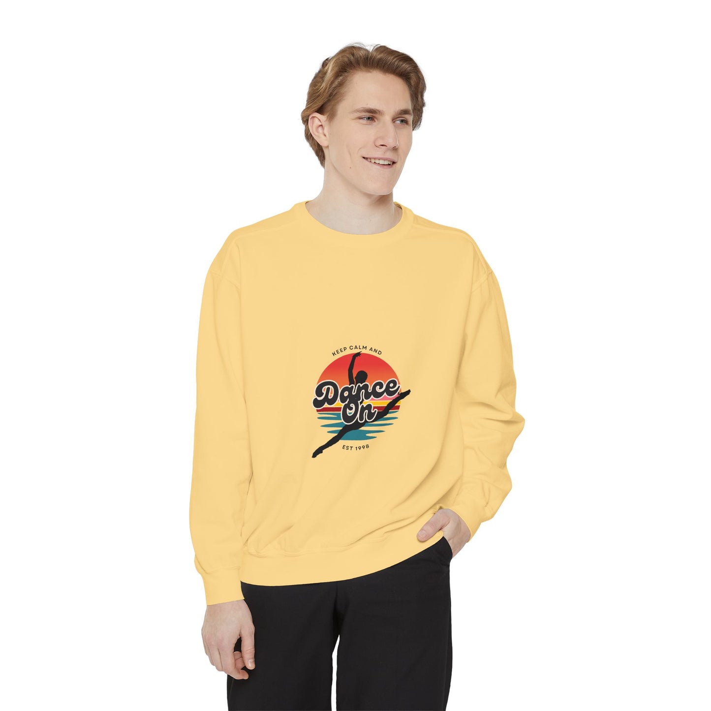 "Keep Calm and Dance On" Unisex Lightweight Crewneck Sweatshirt – Retro-Inspired Dance Graphic Pullover for Dancers & Movement Lovers