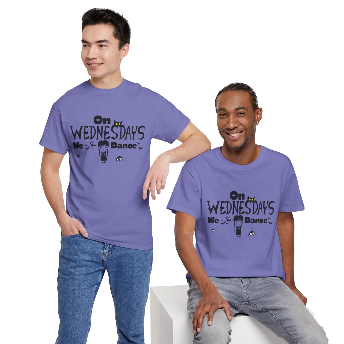 “On Wednesdays We Dance” Gothic Halloween T-Shirt with Cute Girl, Black Cat, Spiders & Bats - Unisex Heavy Cotton Tee