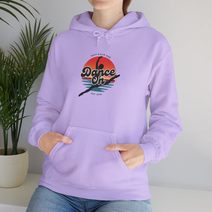 “Keep Calm and Dance On” Retro Hoodie – Unisex Dance-Inspired Hooded Sweatshirt for Dancers & Movement Lovers
