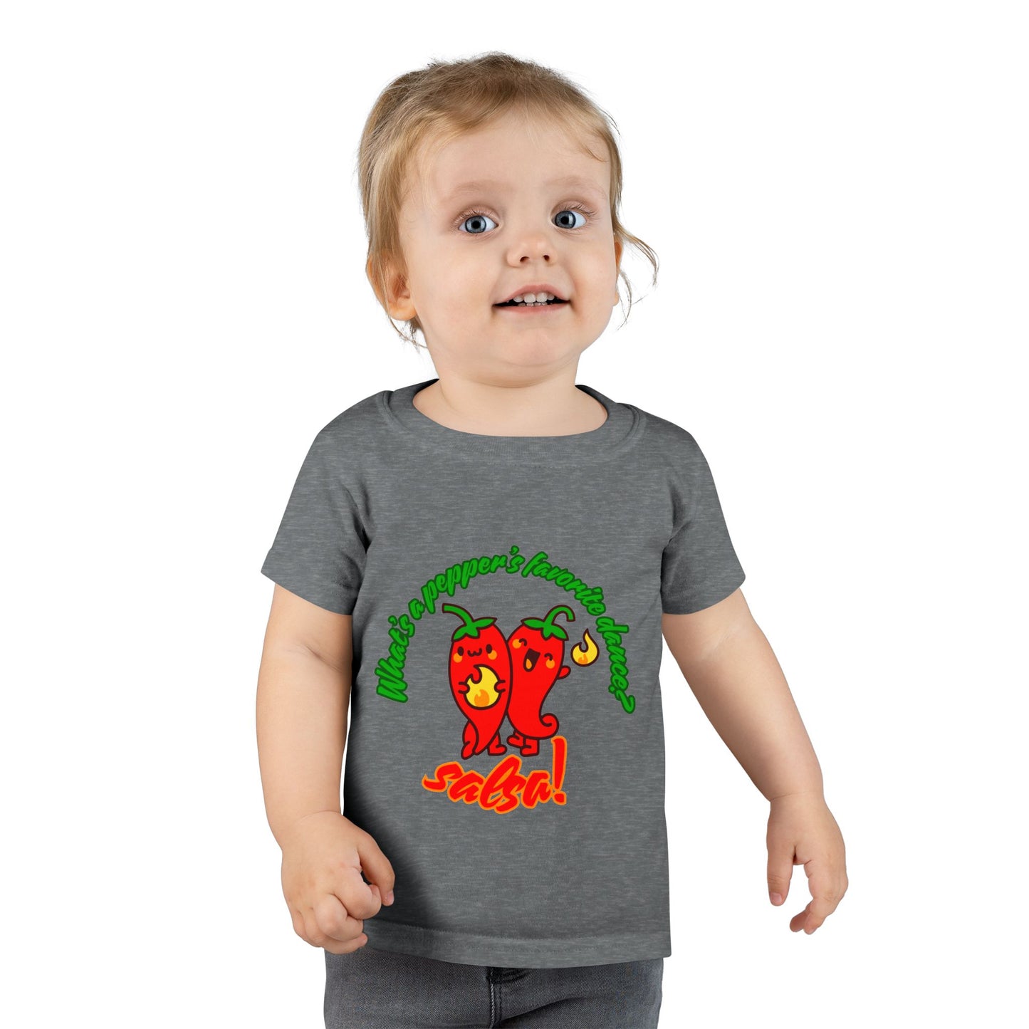 "What Is a Pepper's Favorite Dance? Salsa!" Toddler Dance T-Shirt – Cute Pepper Pun Graphic Short Sleeve Tee for Kids
