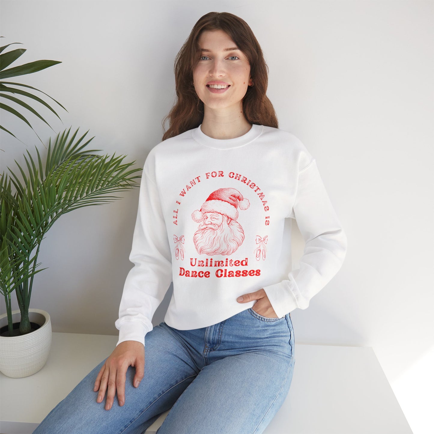 “All I Want for Christmas Is Unlimited Dance Classes” ADULT SWEATSHIRT Unisex Heavy Blend Crewneck with Vintage Santa – Festive Holiday Dance Sweatshirt for Dancers & Studios