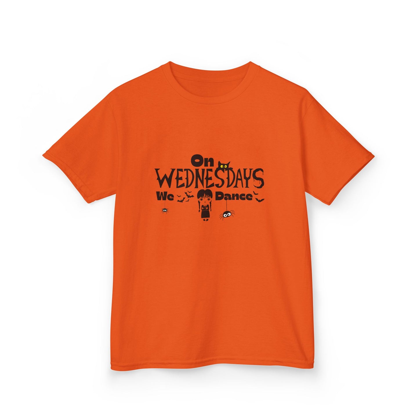 “On Wednesdays We Dance” Gothic Halloween T-Shirt with Cute Girl, Black Cat, Spiders & Bats - Kids Heavy Cotton™ Tee