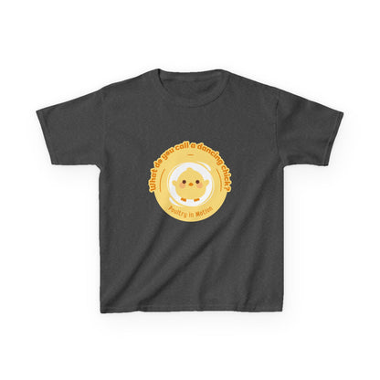 “What do you call a dancing chick? Poultry in Motion” Funny Chick Dance Tee for Kids – Cute Chicken Graphic - Youth Dance Pun T-Shirt