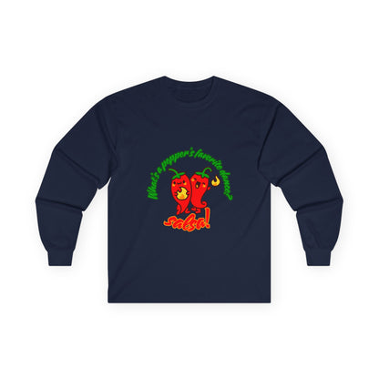 "What’s a Pepper’s Favorite Dance? Salsa!" Unisex Long Sleeve Tee – Funny Dance Pun Shirt with Cute Pepper Graphic for Dancers & Food Lovers