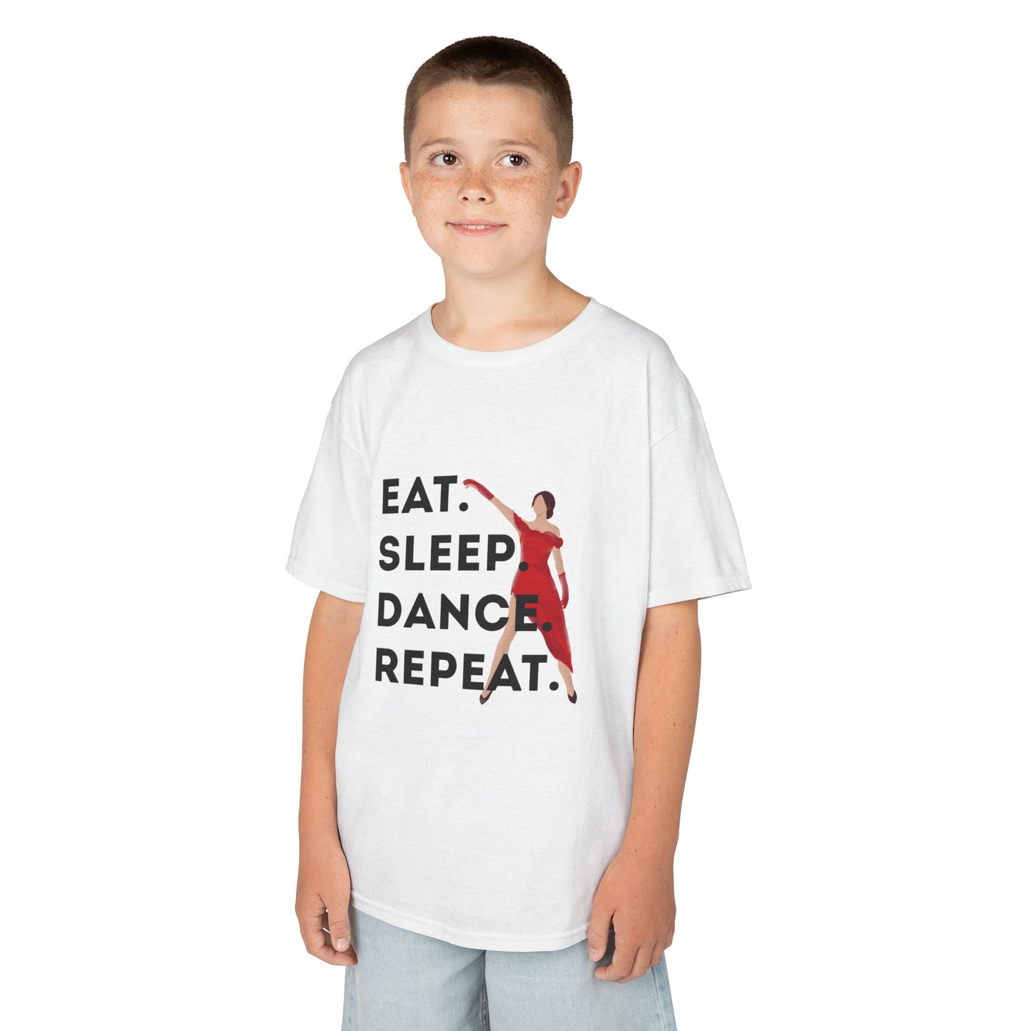 "Eat Sleep Dance Repeat” Youth Short Sleeve Tee – Bold Dancer Graphic Dance Shirt for Kids and Young Performers