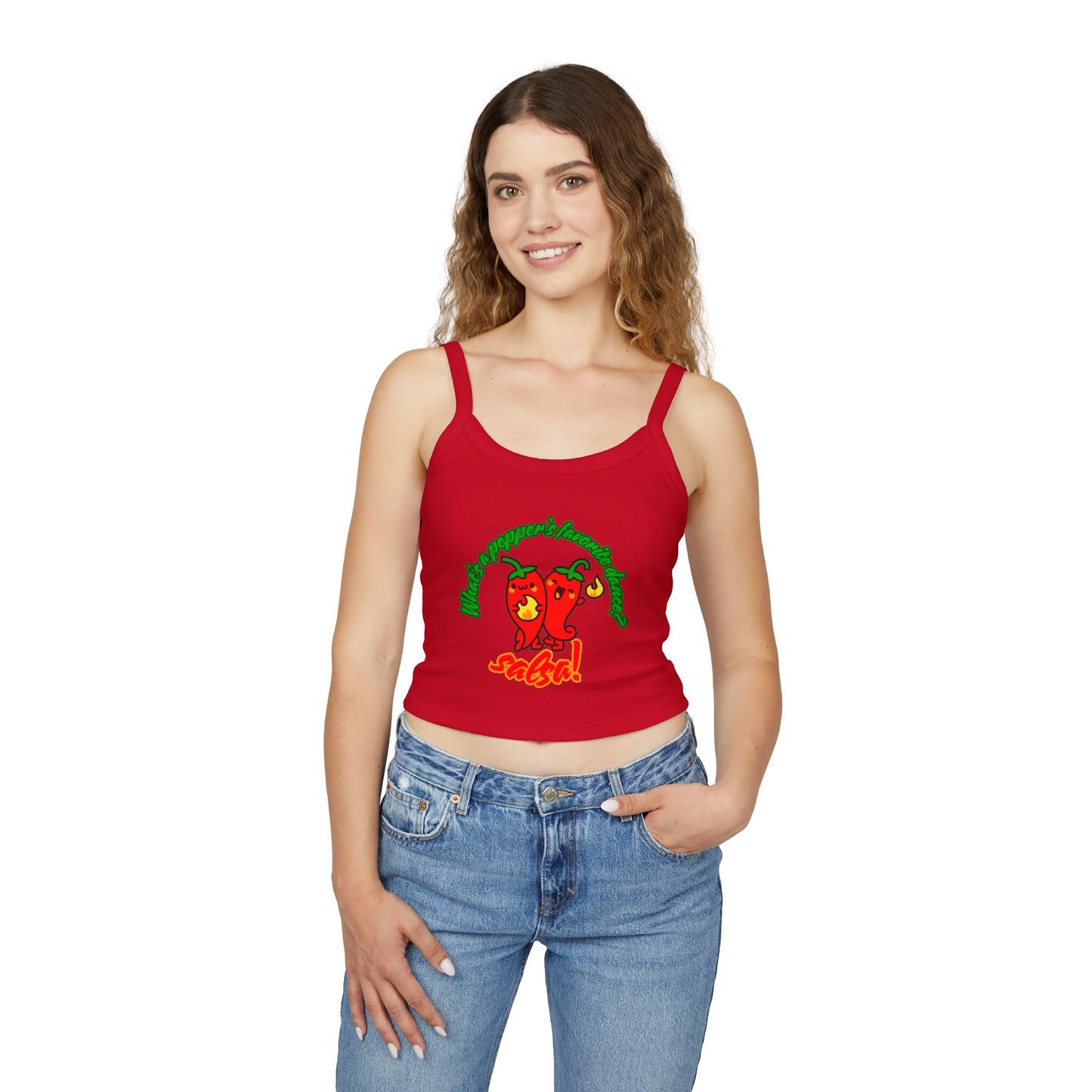 "What’s a Pepper’s Favorite Dance? Salsa!" Women’s Spaghetti Strap Tank Top – Cute Pepper Graphic | Funny Dance Pun Shirt for Dancers & Food Lovers