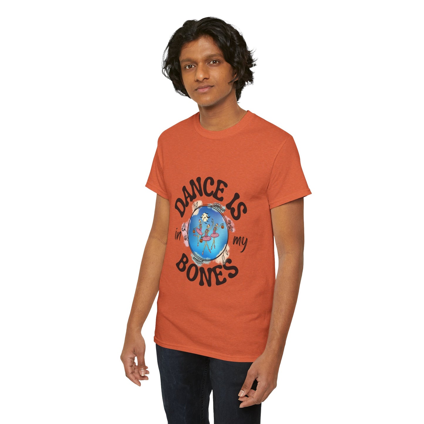 “Dance Is in My Bones” Halloween Dance T-Shirt with Dancing Skeletons Graphic - Unisex Heavy Cotton Tee