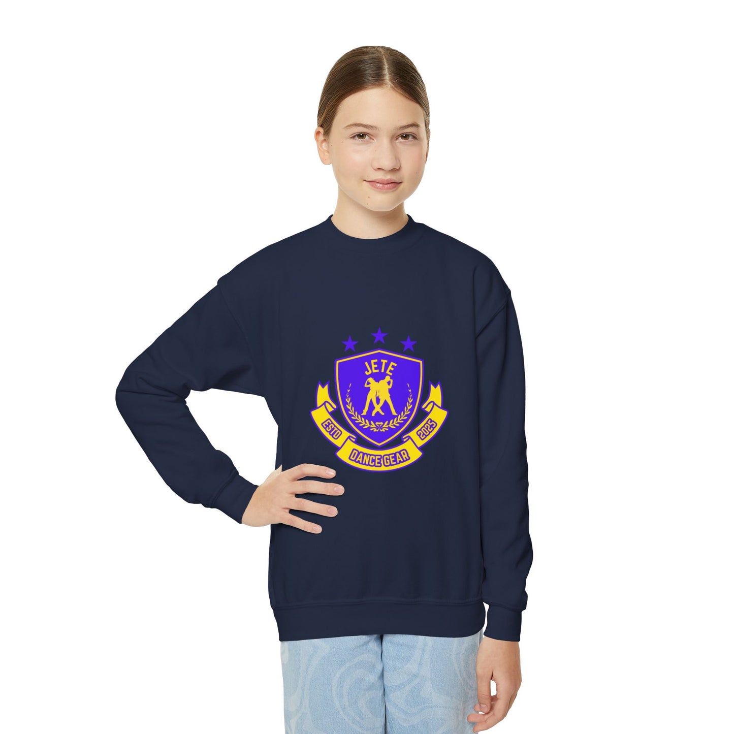 "Jeté Dance Gear" – Collegiate Style Youth Crewneck Sweatshirt | Bold Kids Dance Team Pullover