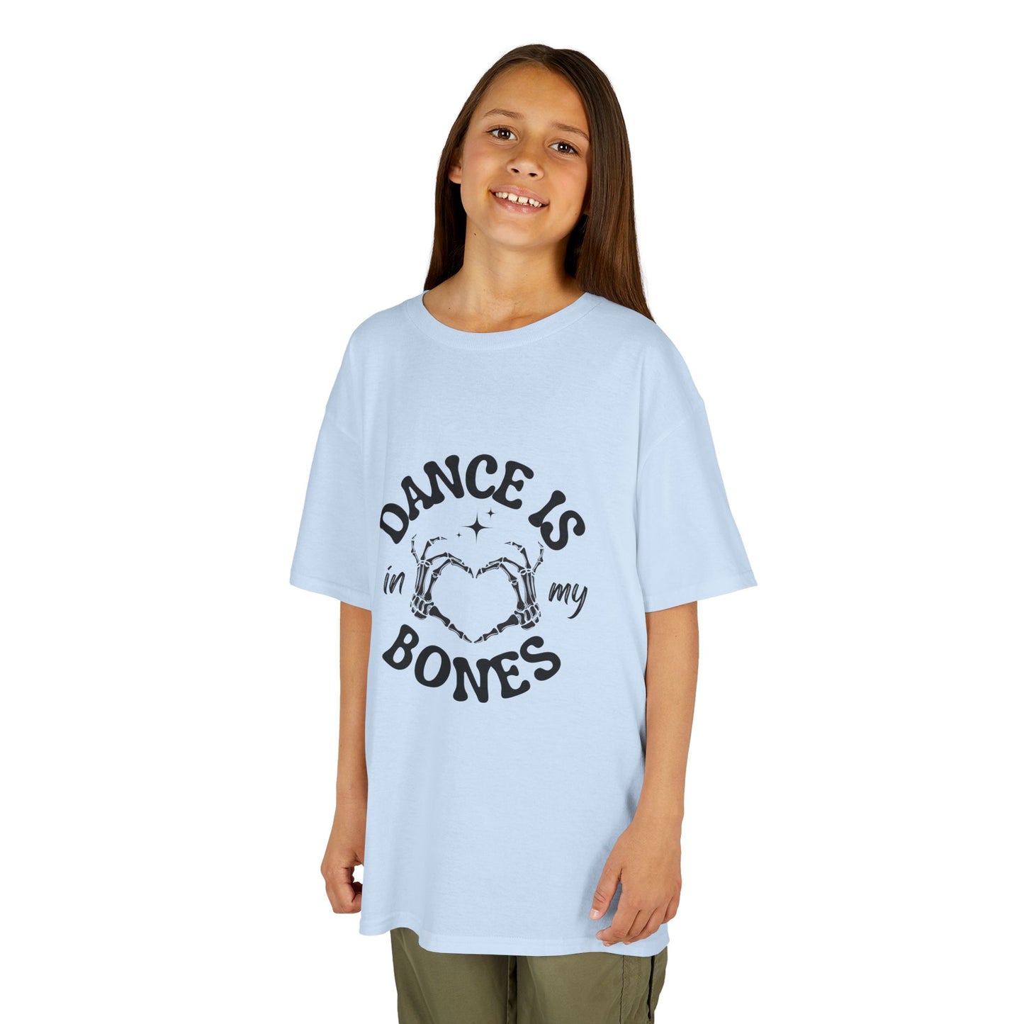 “Dance Is in My Bones” Halloween Dance T-Shirt with Cute Skeleton Heart Graphic - Kids Heavy Cotton™ Tee
