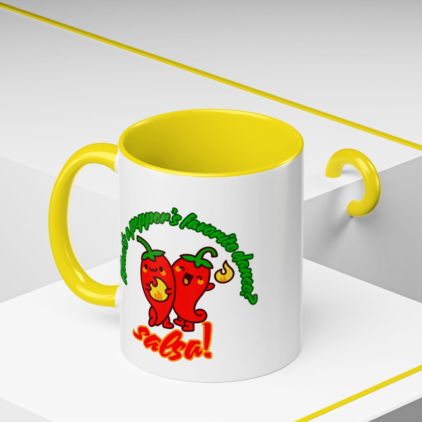 "What's a Pepper's Favorite Dance? Salsa." Accent Coffee Mug – Funny Dance Pun Ceramic Mug for Dancers and Food Lovers