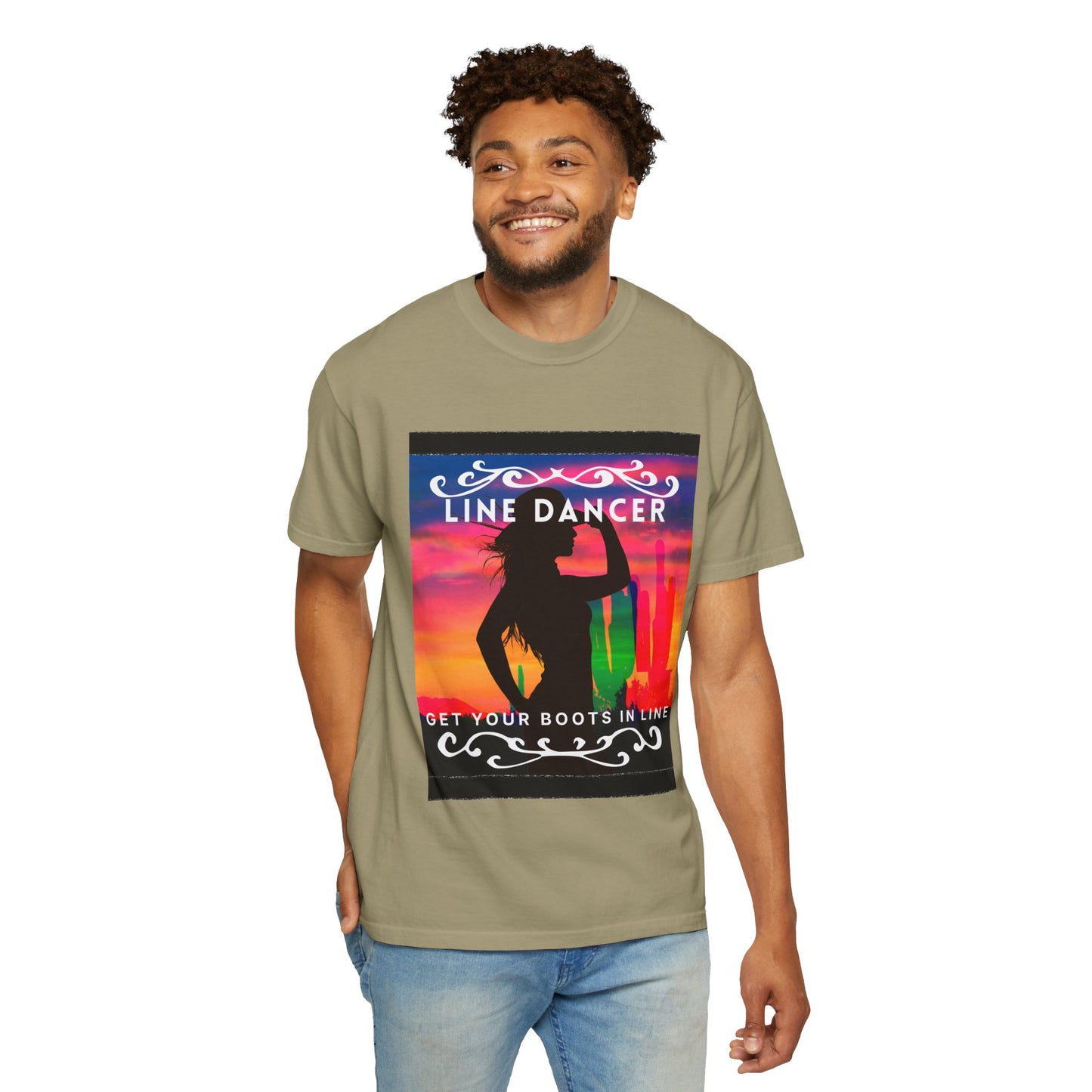 "Line Dancer" Unisex Garment-Dyed T-Shirt – Western Country Dance Graphic Tee – 'Get Your Boots in Line' Cowboy-Inspired Shirt