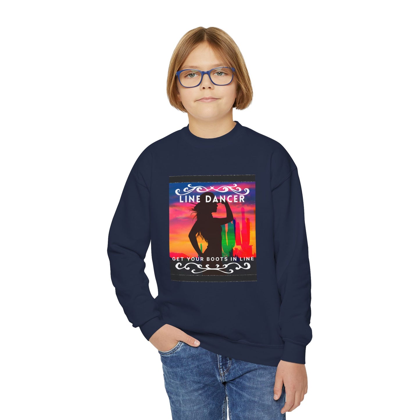 "Line Dancer, Get Your Boots in Line!" Youth Crewneck Sweatshirt – Western-Inspired Dance Graphic – Country Dance Pullover for Kids