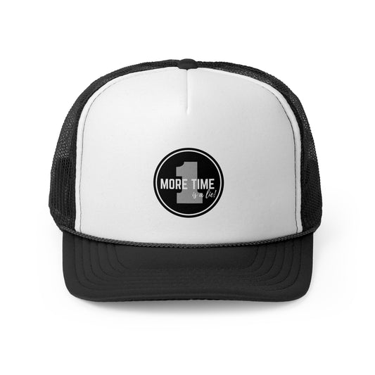 "One More Time is a Lie" Dance Quote Unisex Trucker Hat – Emblem Graphic Cap for Dancers & Dance Moms – Funny Dance Rehearsal Hat
