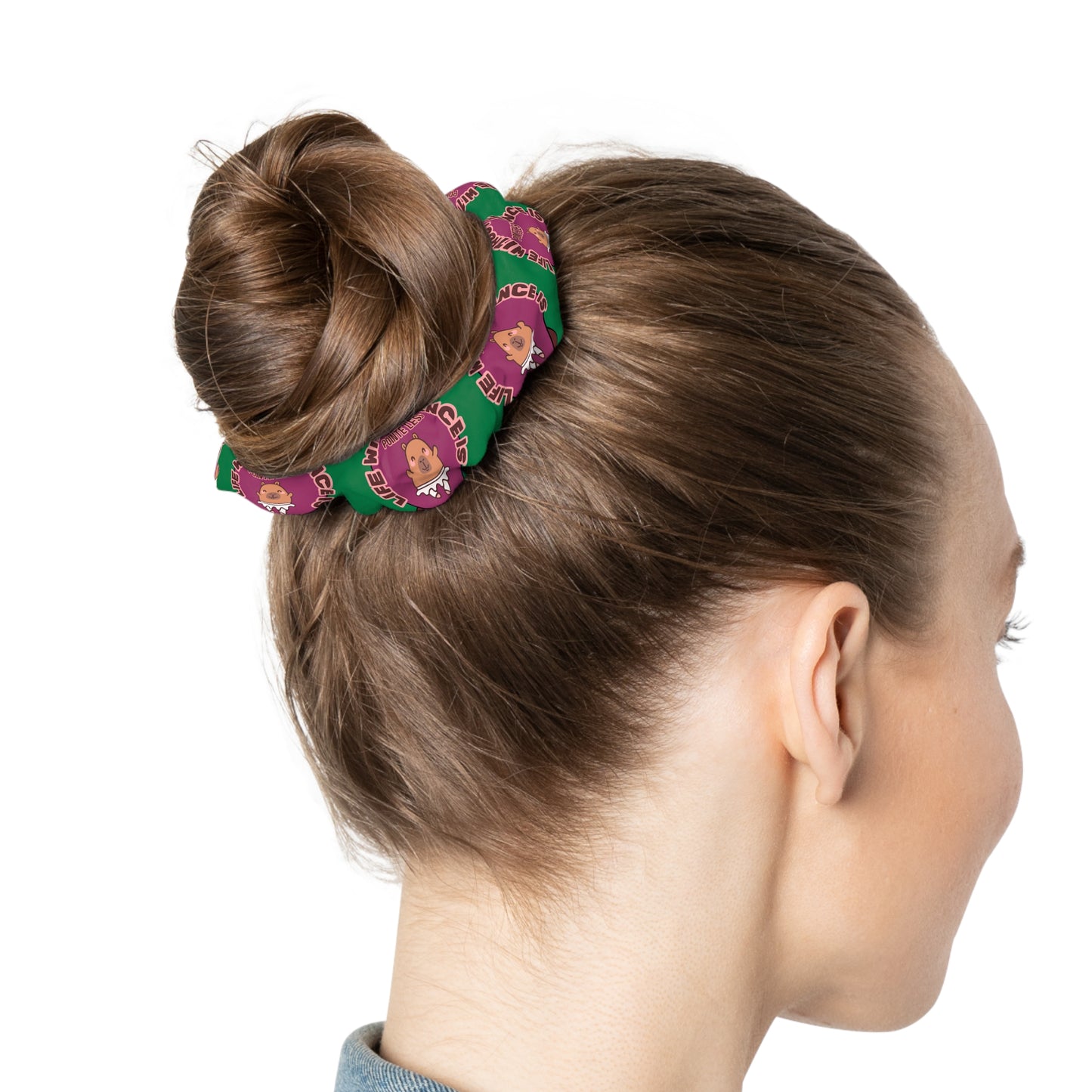 “Life Without Dance Is Pointeless” Scrunchie – Funny Ballet Pun Hair Accessory with Cute Dancing Capybara Graphic