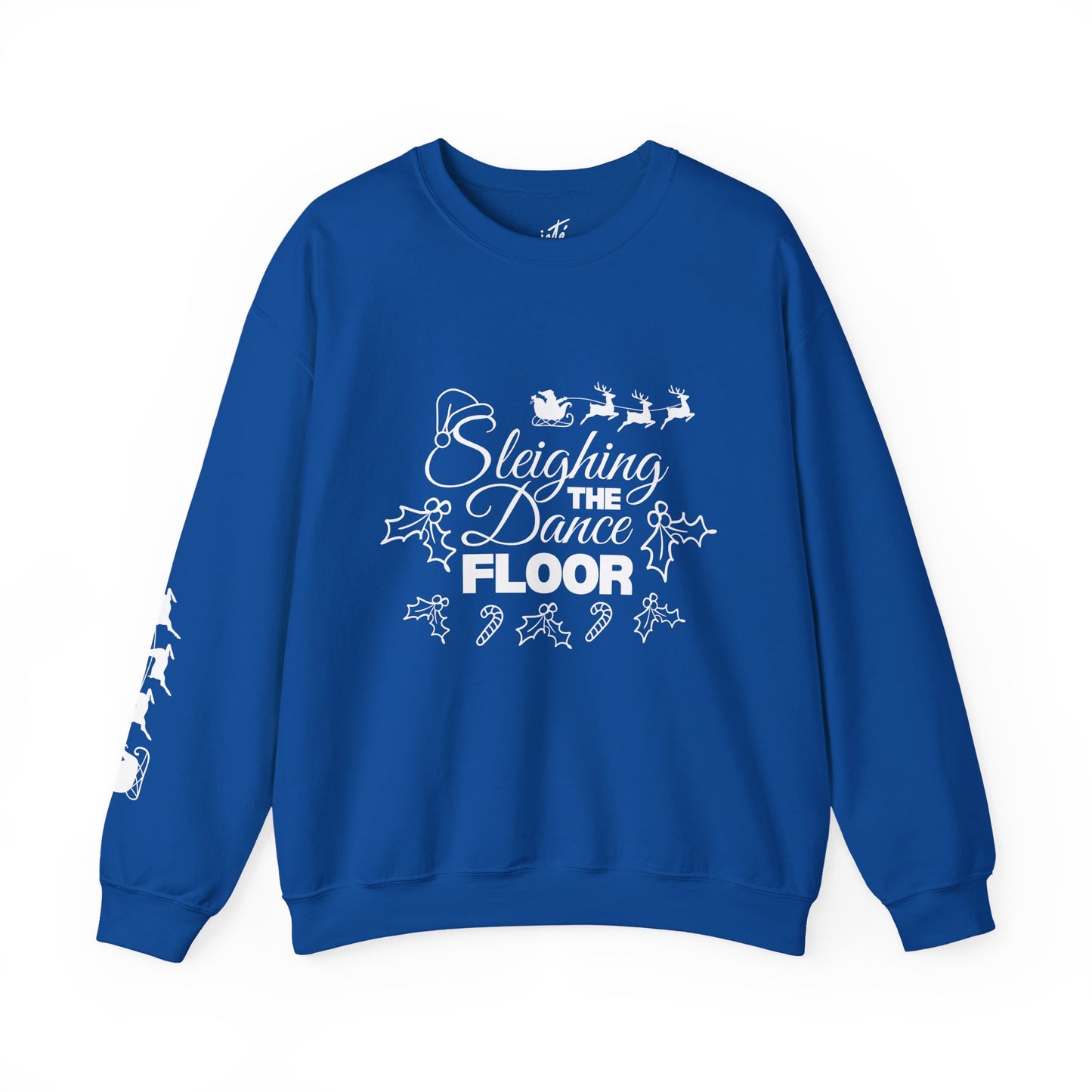 “Sleighing the Dance Floor” ADULT SWEATSHIRT Unisex Heavy Blend Crewneck – Festive Christmas Dance Sweatshirt with Santa’s Sleigh & Reindeer Arm Design, Perfect for Dancers & Studios