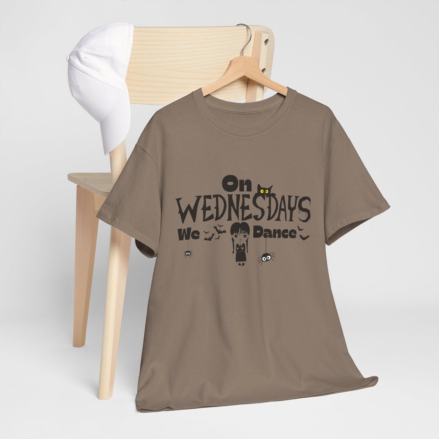 “On Wednesdays We Dance” Gothic Halloween T-Shirt with Cute Girl, Black Cat, Spiders & Bats - Unisex Heavy Cotton Tee