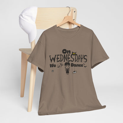 “On Wednesdays We Dance” Gothic Halloween T-Shirt with Cute Girl, Black Cat, Spiders & Bats - Unisex Heavy Cotton Tee