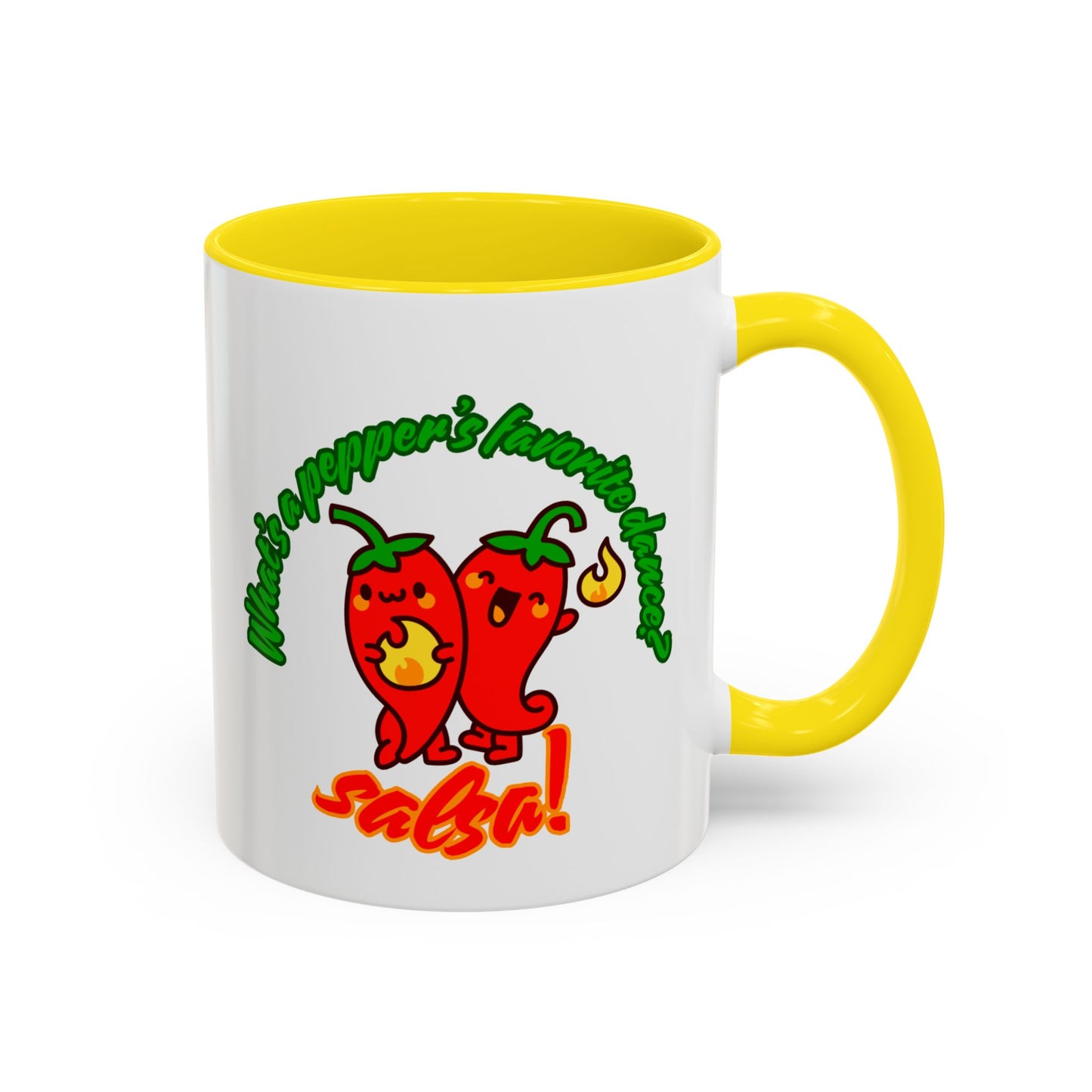 "What's a Pepper's Favorite Dance? Salsa." Accent Coffee Mug – Funny Dance Pun Ceramic Mug for Dancers and Food Lovers